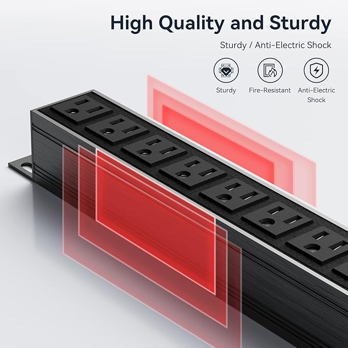 Heavy Duty Power Strip,8 Outlet Metal Power Strip Wall Mount, 1.6 inch Wide Spaced Industrial Surge Protector, Garage Power Strip for Shop Workshop Power Strip with Switch & 6 FT Extension Cord, 300J