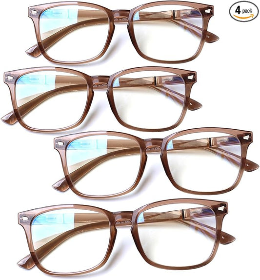 Henotin 4-Pack Blue Light Blocking Reading Glasses Women Men,Spring Hinge Computer Readers,Anti UV Ray Square Nerd Eyeglasses (4 Pack Mix, 0.75, Diopters)