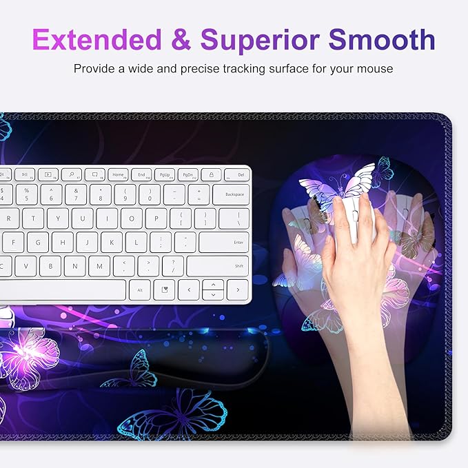 Large Mouse Pad with Wrist Support 4in1 Set, XXL Game Mousepad + Keyboard Wrist Rest+Mouse Wrist Rest+Coaster with Ergonomic Design Gaming Mat for Home Office Table Computer I Purple Butterfly