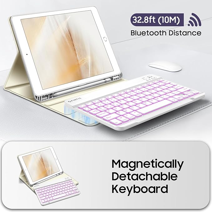 FINTIE Backlit Keyboard Case for iPad 9th / 8th / 7th Generation (2021/2020/2019) 10.2 Inch, Soft TPU Back Cover with 7 Colors Backlight Magnetically Detachable Bluetooth Keyboard, Starlight