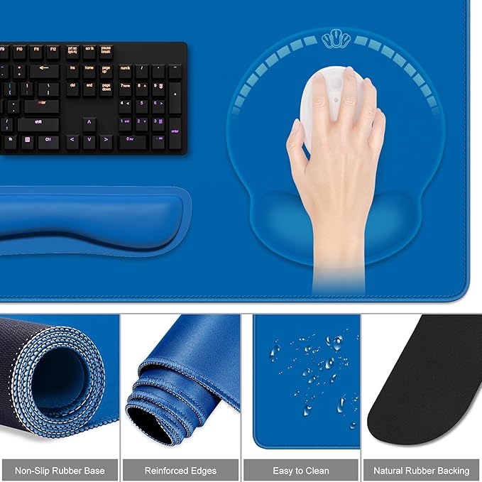 Dapesuom Large Gaming Mouse Pad, Mouse Pads with Wrist Rest Wrist Support, 4in1 XXL Desk Mat Desk Pad + Ergonomic Mousepad + Memory Foam Keyboard Mat Wrist Rest + Coaster Set for Computer, Dark Blue