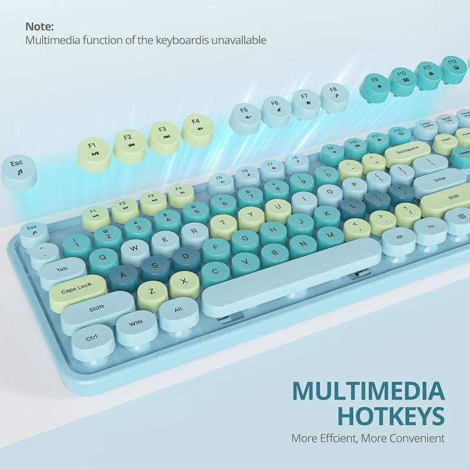 Colorful Blue Keyboard and Mouse Combo Wireless, 2.4G Full Size 104-Key Retro Typewriter Keyboards Round Keys for Students Teenagers Home Office PC Laptop(Colorful Blue)