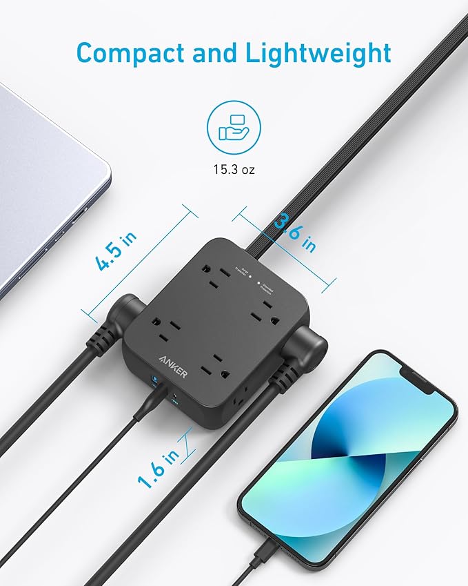Anker Power Strip with 2000J Surge Protector, Flat Plug Extension Cord with Multiple Outlets, 8 AC, 2 USB A & 1 USB C Port for 20W, 10ft Outlet Extender, Dorm Room Essentials, Home Office, TUV Listed