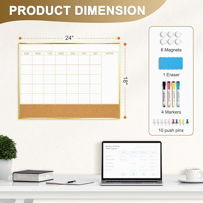 Dry Erase Calendar Whiteboard and Cork Board Combo, 24'' x 18'', Monthly White Board, Wall Hanging, Gold Aluminum Frame, for Home Office School