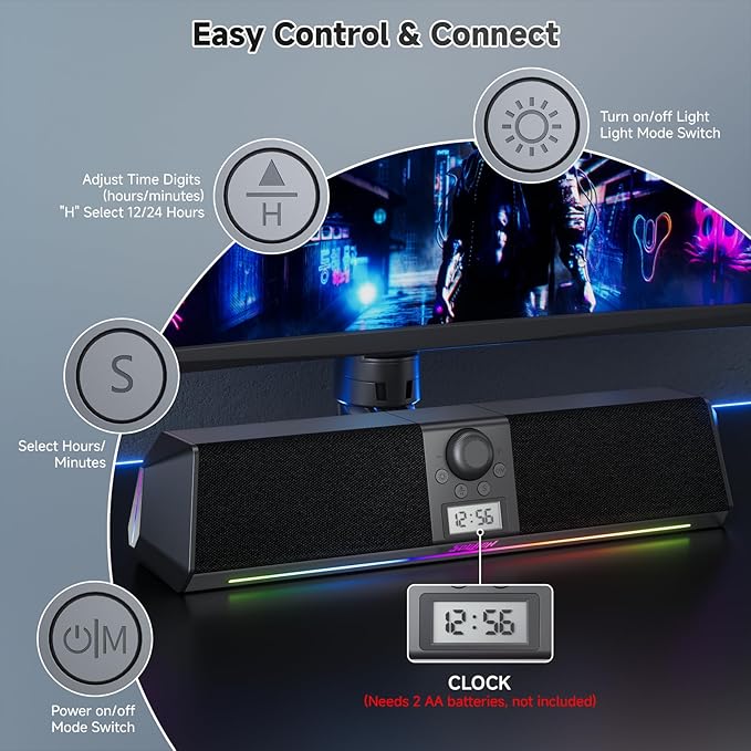 SOULION R80 Bluetooth Computer Speakers, USB Plug & Play PC Speakers with Digital Clock Display, Clear Sound Soundbar with Colorful LED Lights for Desktop Monitor Laptop (USB Adapter Included)