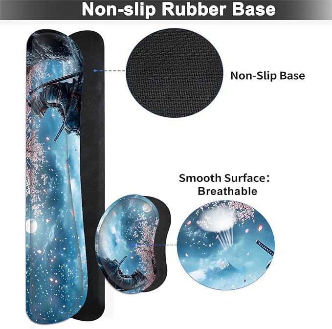 Large Mouse pad and Keyboard Support Set, Ergonomic Memory Foam Keyboard Wrist Rest, Extended Gaming Mouse Pad with Stitched Edges, Samurai and Moon XXL Desk Mat (31.5 X 11.8 in)