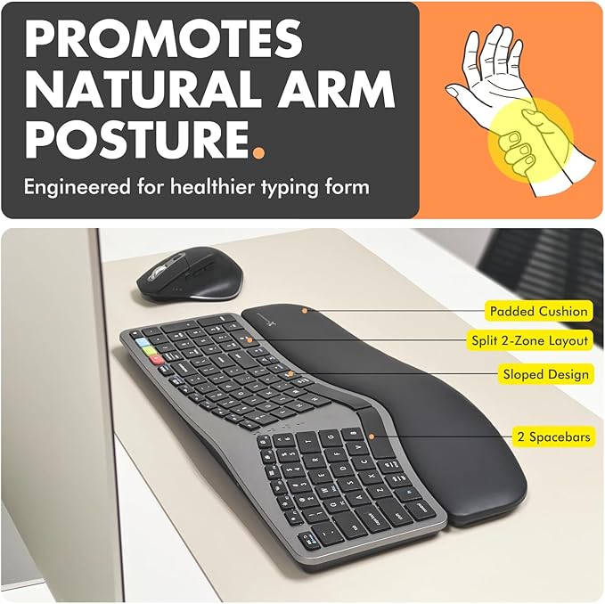 X9 Ergonomic Keyboard and Mouse Wireless Combo 2.4G+Bluetooth - Type Comfortably Longer - Ergo Split Keyboard and Mouse with Wrist Rest - Fullsize Keyboard for Laptop and PC