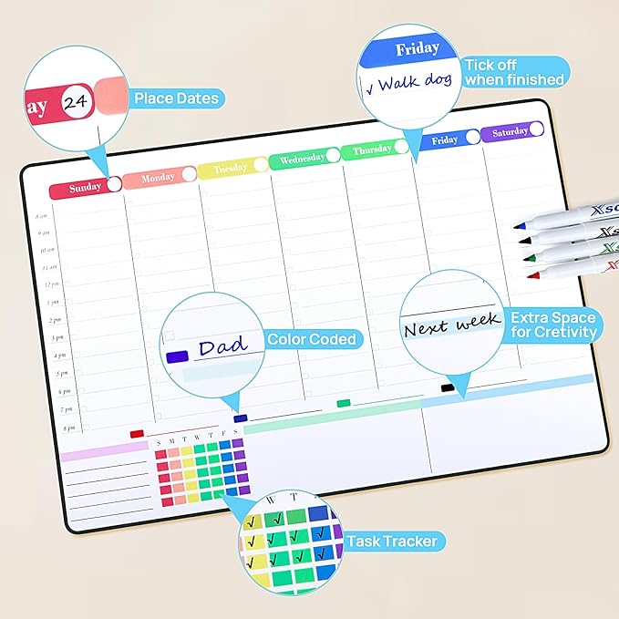 POPRUN Self Adhesive Weekly Dry Erase Calendar Whiteboard with Hourly Slots, 16.5" x 11" Schedule Planner Board for Wall Fridge Smooth Surfaces, School Family Home Organizer