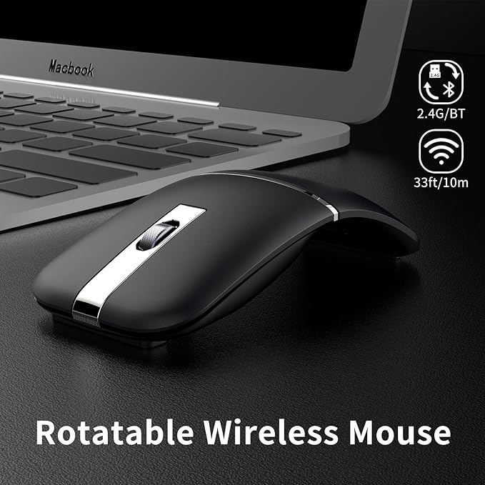 Bluetooth Arc Travel Mouse - BT & 2.4G Wireless Dual Mode, Rechargeable Slim Rotatable Portable, 3 Adjustable DPI, USB Optical Computer Silent Mouse for Microsoft Laptop PC Tablet - Graphite Black
