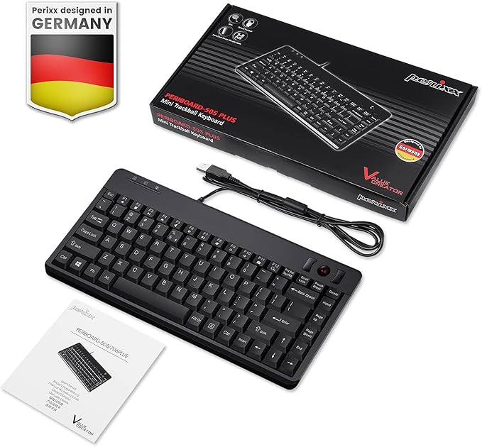 Perixx PERIBOARD-505H Wired Mini Keyboard with Built-in Trackball, 0.55 Inch Trackball and 2 USB Hubs, Black, US English Layout