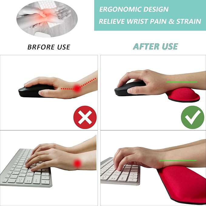 Keyboard Wrist Rest Mouse Wrist Support Set, Memory Foam Wrist Rest Pad for Computer Laptop Keyboard Mouse, Ergonomic Wrist Cushion Support for Typing Pain Relief, Gaming Home Office, Red