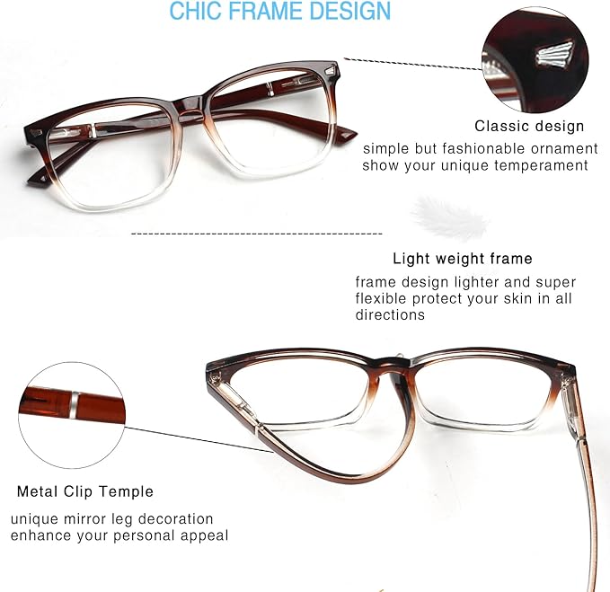 Henotin 4-Pack Blue Light Blocking Reading Glasses Women Men,Spring Hinge Computer Readers,Anti UV Ray Square Nerd Eyeglasses (Mixed Color-A, 1.75)