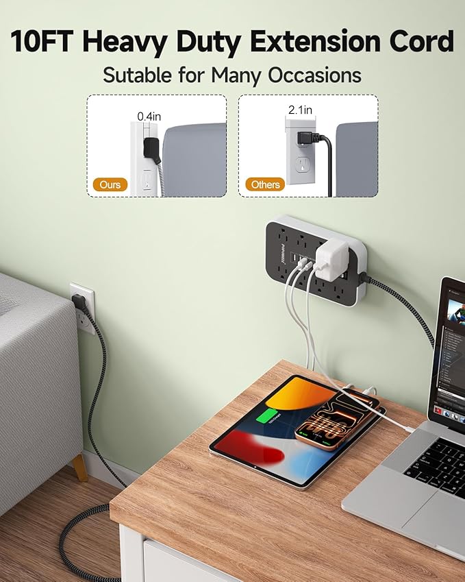 10 FT Extension Cord- Power Strip Surge Protector with 8 AC Outlet& 6 USB Ports(3 USB C) Charging Block, Ultra Thin Flat Extension Cord 10 Feet Wall Amount for Home, Office, Dorm Essentials.