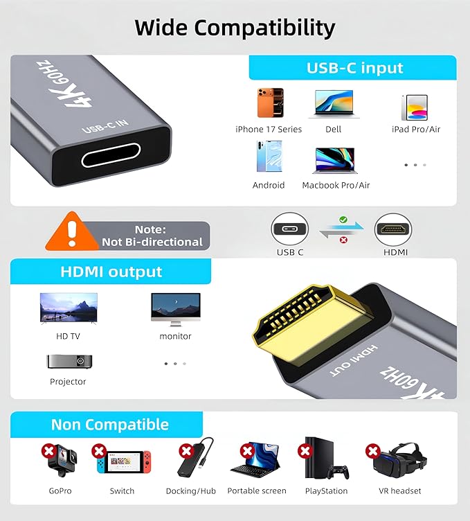 USB C Female to HDMI Male Adapter with 3.3FT USB Video Cable, 4K@60Hz Uni-Directional USB Type C Source to HDMI 2.0 Display Converter Thunderbolt 3/4 to HDMI for i-/Phone 17, MacBok, Galaxy - 2 Pack