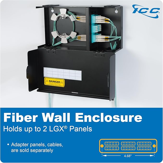 ICC Fiber Optic Wall Mount Enclosure – 2 Slots for LGX Compatible Adapter Panels or Cassettes (Sold Separately), Fiber Enclosure Supports up to 48 Fibers, Secure Fiber Management Solution, ICFODE21WM