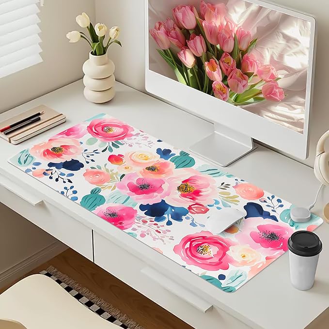 Bloss Pink Floral Desk Mat, Leather Desk Pad, Desk Matt for Desktop, Waterproof Desk Pad Mat, Computer Mat for Office Work/Home/Decor/Desk Protector(31.5 x 15.7 Inches)