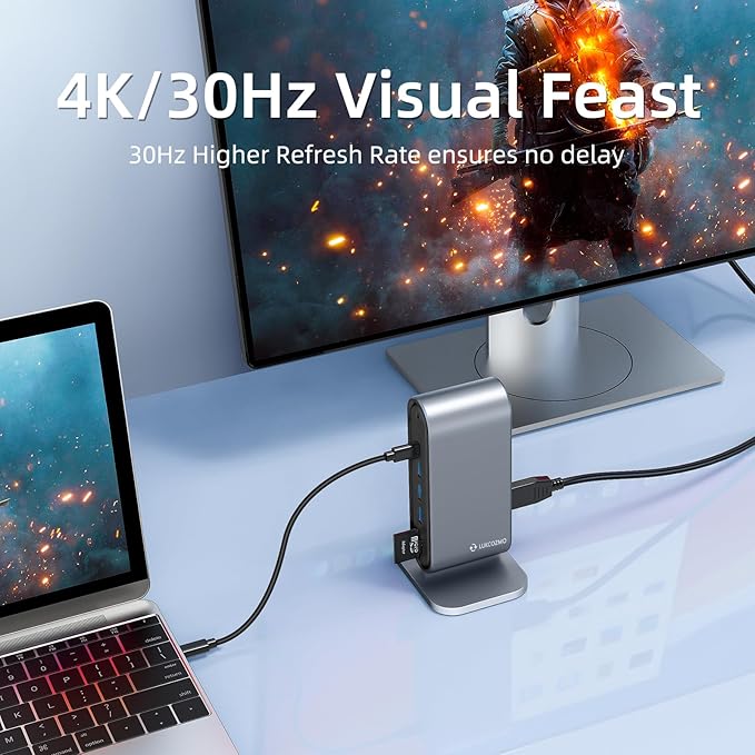USB3.0 Universal Docking Station with 100W Charging, Dual Monitor for Windows and Mac, USB 3.0 or USB-C (HDMI, 1x USB-C, 4X USB3.0,VGA1080P, Ethernet, Audio, TF/SD Card Reader)