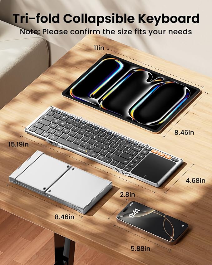 ProtoArc Foldable Keyboard with Touchpad, XK01 TP Folding Portable Keyboard, Full Size Keys, Large Trackpad Bluetooth Travel Keyboards for Laptop PC Tablet - Black Silver