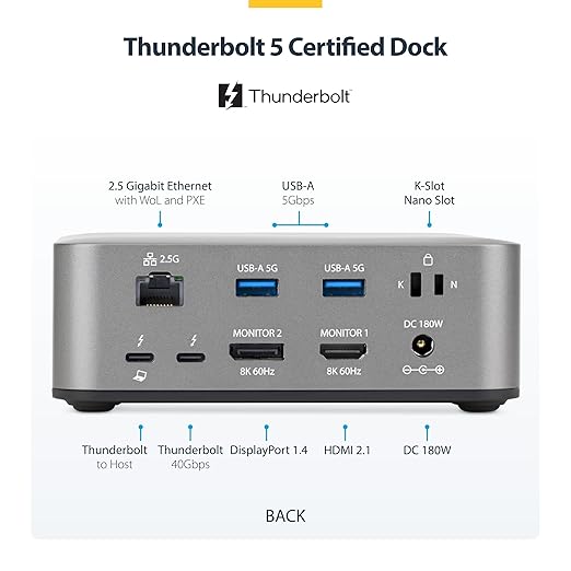 StarTech Thunderbolt 5 Dock, Dual 8K 60Hz, Triple 4K for Windows, Up to Dual 6K 60Hz for Mac - TB5 & USB4 Docking Station with 120Gbps max Transfer, 140W PD, 30W Phone, USB 10Gbps