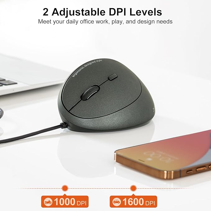 SANWA Wired Left Handed Ergonomic Mouse, Optical Vertical Mice for Small Hands, Reduce Wrist Strain,1000/1600/2400/3200 DPI, 6 Buttons, Compatible with Laptop, Desktop, Windows, Mac, Black