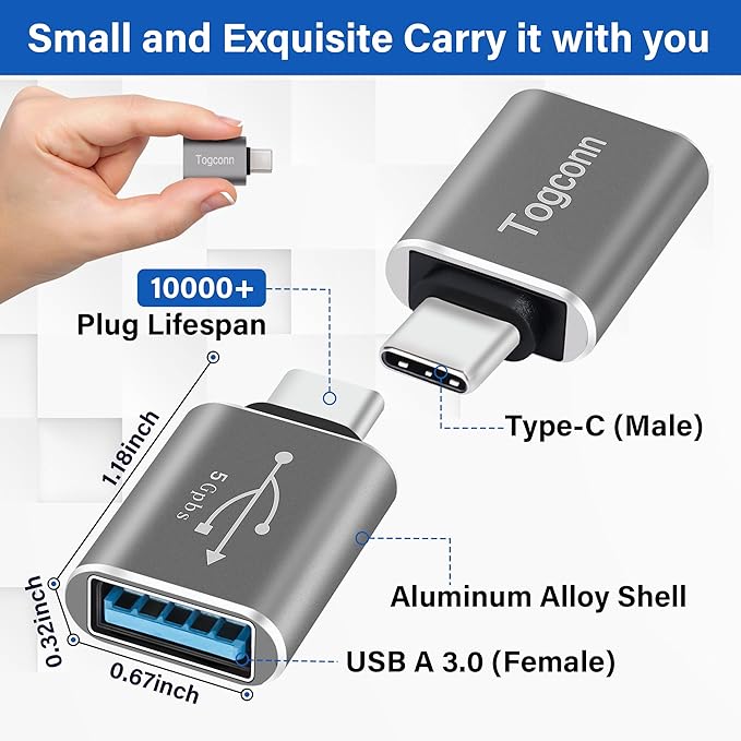 USB-C to USB A Adapter (10 Pack), [Slim Design, Side-by-Side Use] USB Type-C to A OTG Converter, USB C (Male) to USB A 2.0 (Female) Connector for MacBook Pro, iPhone 15, iPad Pro, Galaxy S23, Dell XPS