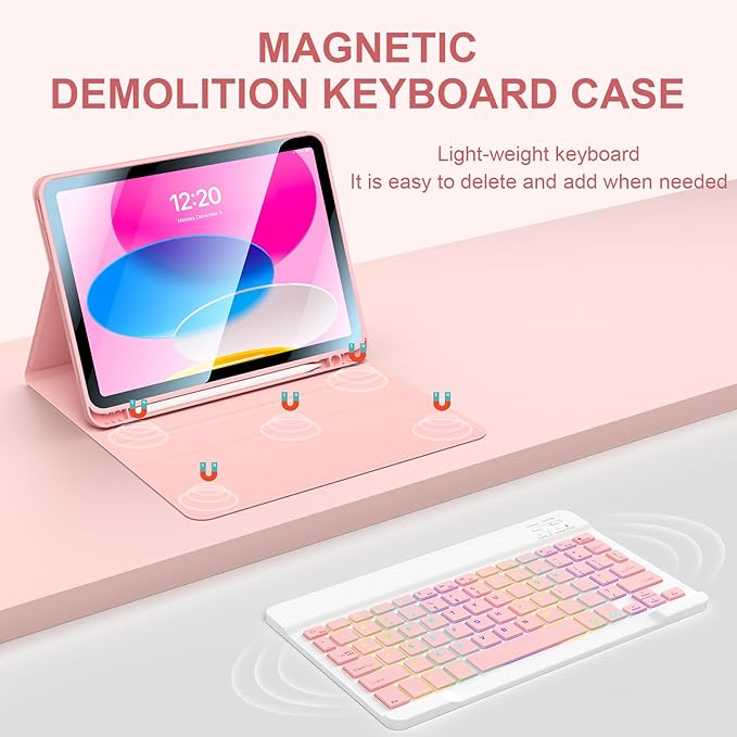 for iPad 11th 10th Generation Case with Keyboard 10.9 Inch 7Color Backlit Detachable Wireless BT Keyboard Folio Protective Case with Pen Holder for New iPad 10th Generation 2022 (Pink)