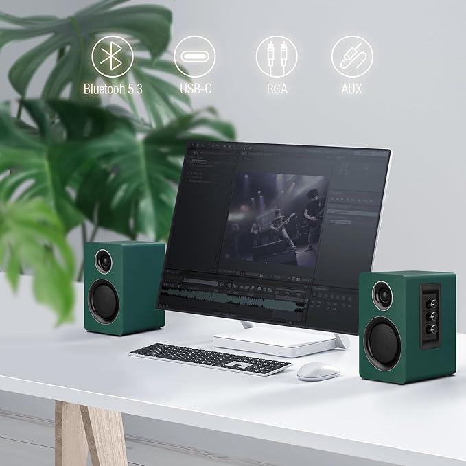 Computer Speakers for Desktop PC, Active Bookshelf Speaker with 3‘’ Carbon Fiber Woofer and Silk Film Tweeter ,Supports Bluetooth 5.3, USB-C, AUX/RCA Input for Record Player TV - Green Stereo Set