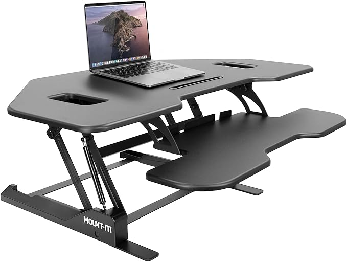 Mount-It! Corner Standing Desk Converter | Height Adjustable 43” Wide Desktop | Corner Stand Up Desk with Gas Spring Handle | Stand Up Computer Workstation with Ergonomic Keyboard Tray | Black