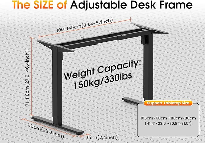 330 lbs Capacity Dual Motor Electric Standing Desk Frame, Height Adjustable Sit Stand up Desk Legs Base Workstation, Anti-Collision Function, 2 Hooks, Black Frame Only