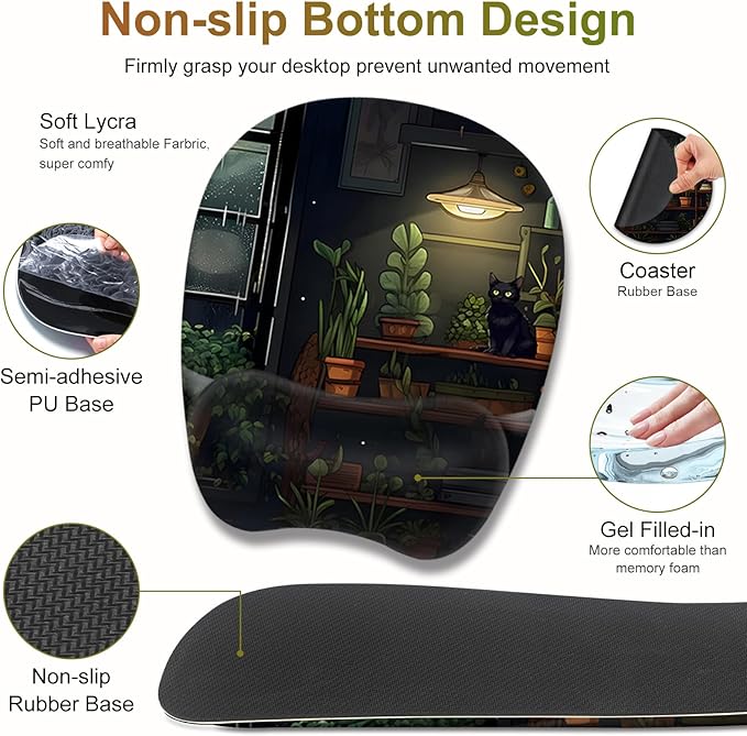 Aesthetic Green Plant Books Mouse Pad with Wrist Support 4 in1 Set, XXL Big Game Mousepad + Keyboard Wrist Rest + Mouse Wrist Rest Pad +Coaster Gaming Mat for Work Study I Japanese Anime Lofi Cat