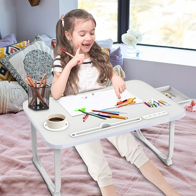 Fayquaze Laptop Bed Desk, Portable Foldable Lap Bed Table with USB Charge Port Storage Drawer and Cup Holder,Lap Desk Laptop Stand Tray Table Serving Tray for Eating, Reading and Working
