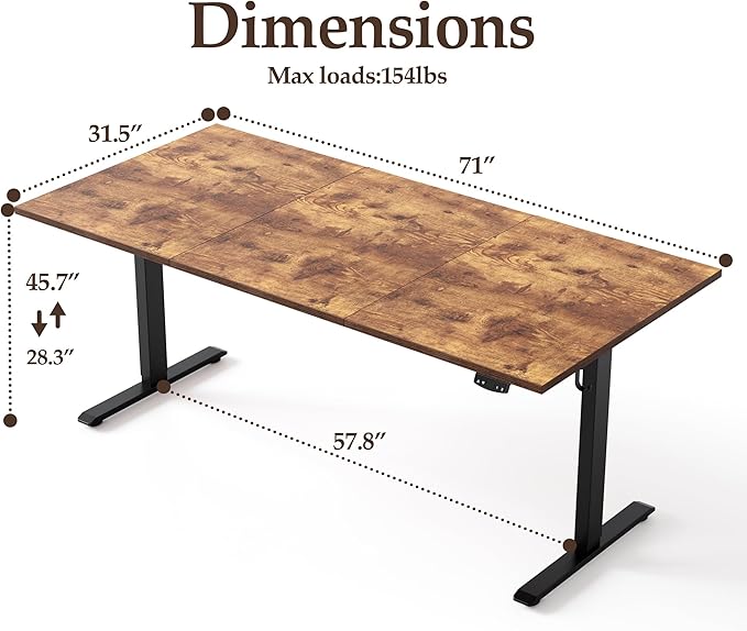 Klicelor 71 Inch Large Electric Standing Desk, Height Adjustable Office Desk, Sit Stand Up Computer Gaming Desk with Memory Preset, Three-Piece Desktop, Rustic Brown