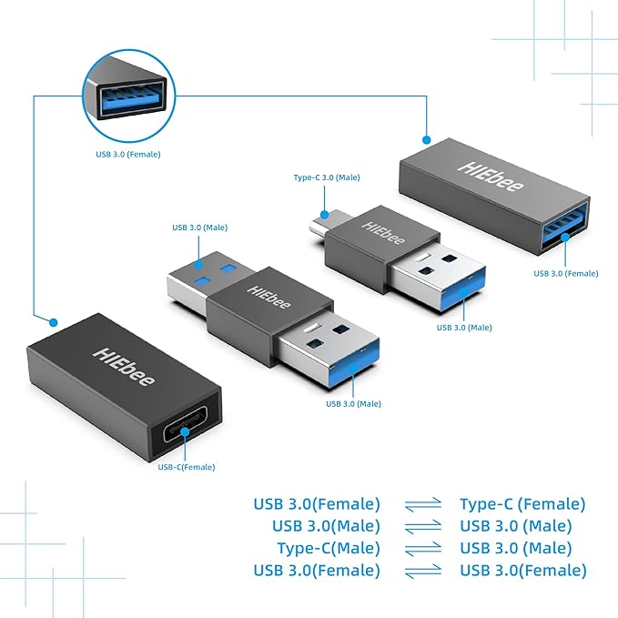 4 in 1 USB 3.0 Adapter Pack - A to A Male, A to C Male, A to C Female, A to A Female - Compatible with Laptop, Hard Drive