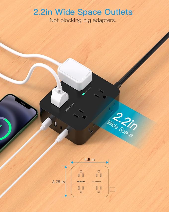 Surge Protector Power Strip 15 Ft Cord, HANYCONY Extension Cord with 8 Outlets 4 USB Ports(2 USB C), Long Cord Power Strip with Flat Plug, Wall Mount, Desk for Home Office