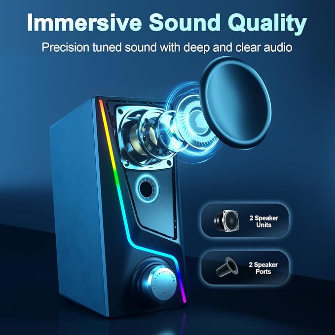 Nylavee Computer Speakers with Subwoofer, 2.1 PC Speakers System with 8 Lighting Modes, 60W Peak Power, AC Adapter Powered, Bluetooth 5.4, USB/USB-C and 3.5mm Aux in for Desktop, Monitor, Gaming