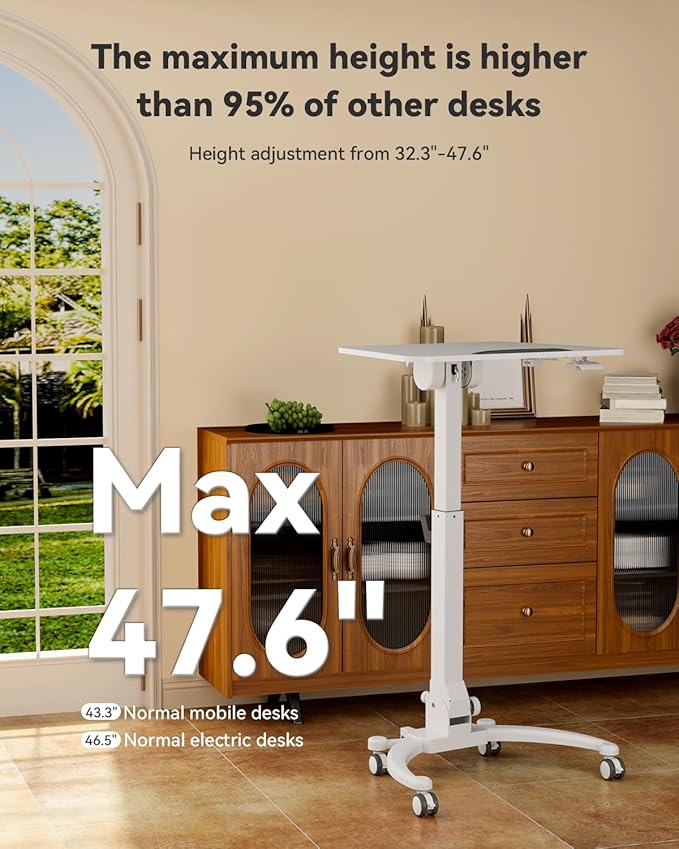 JOY worker Foldable Mobile Standing Desk, Upgraded Height Adjustable Rolling Desk, Max Height 47.6", 90° Tiltable Board & Base, Portable Workstation with Moveable Wheels, Holds Up to 22lbs, White
