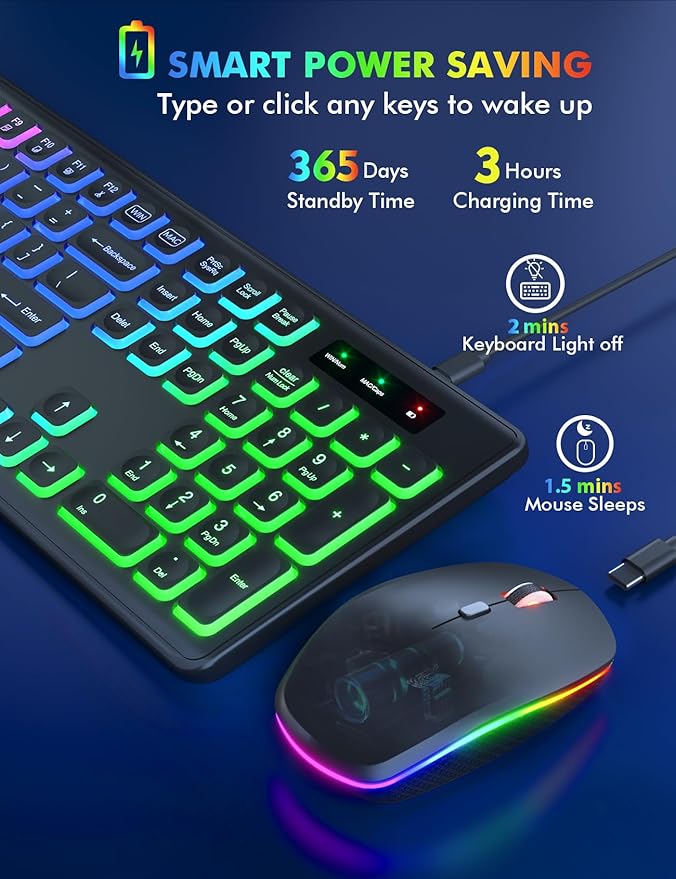 Wireless Keyboard and Mouse Combo, RGB Backlit, Rechargeable & Light Up Letters, Full-Size, Soft Typing, Sleep Mode, 2.4GHz Quiet Keyboard Set for Mac, Windows, Laptop, PC, Trueque KM42Pro (Black)