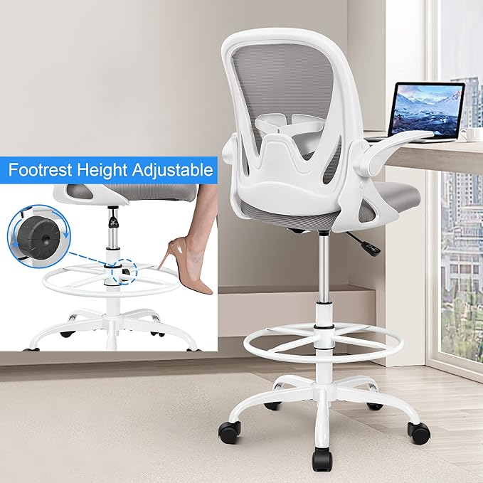 Ergonomic Drafting Chair with Flip-Up Armrests & Adjustable Footrest – Tall Office Chair for Standing Desks, Lumbar Support, Gray – Home & Office Comfort