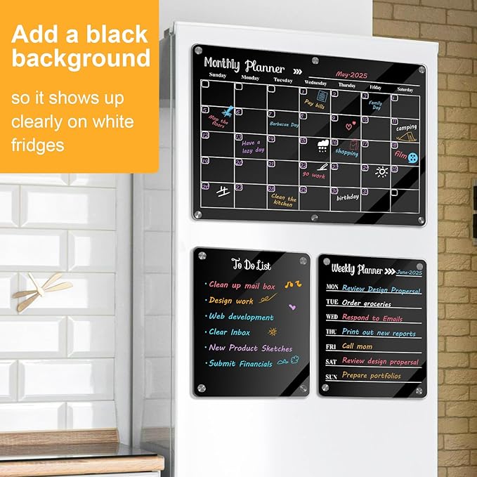 Acrylic Magnetic Dry Erase Board for Fridge, Set of 3 Transparent Monthly & Weekly Planning Boards, Includes 6 Dry Erase Markers, 1 Eraser and Magnetic Pen Holder