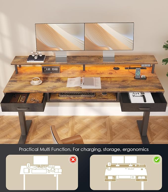 OffiGo Electric Standing Desk with Drawers & Keyboard Tray, 63 Inch Height Adjustable Desk with Power Outlets & LED Lights, Sit Stand Table with Monitor Stand for Home, Office, Rustic Brown