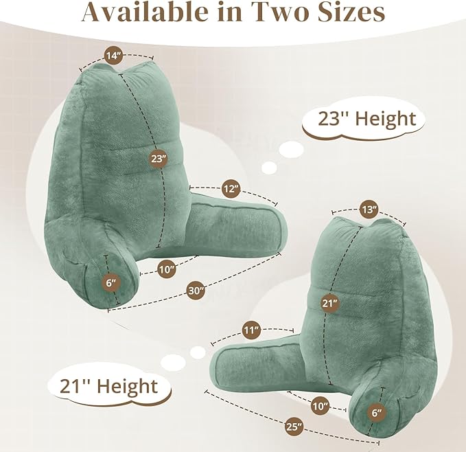 Sasttie Reading Pillow for Bed - 23 Inch, Back Pillow for Bed Sitting Up, Back-Rest Support Cushion with Side Pockets and Arms, Dorm Essentials, Oeko-Tex Certified, Sage