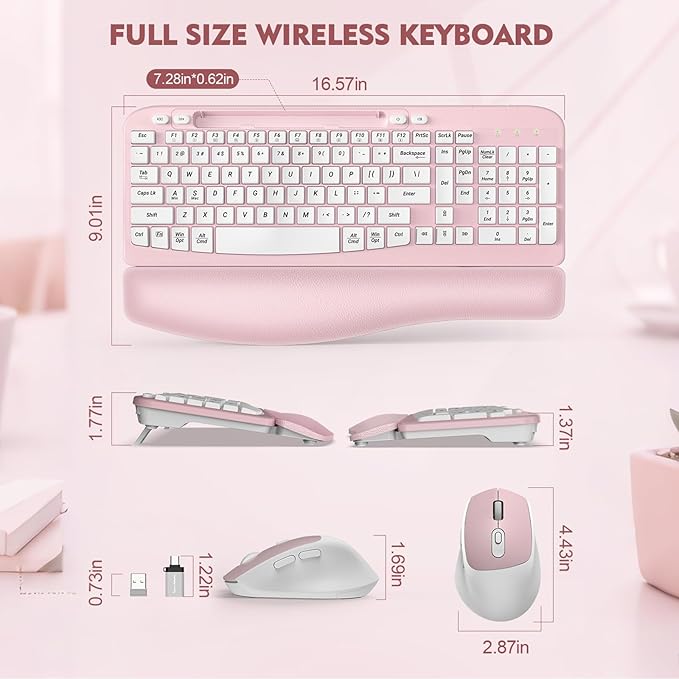 Wireless Keyboard and Mouse Combo, Wave Keys Full-Sized Ergonomic Keyboard with Cushioned Plam Rest, Phone Holder, Comfortable Natural Typing, 2.4G Cordless Set for Computer, Laptop, Pc, Mac, Windows