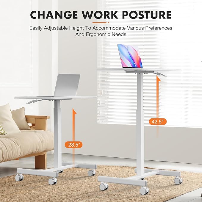 Sweetcrispy Mobile Small Standing Desk - Sit Stand Portable Rolling Laptop Desk with Lockable Wheels, Adjustable Height Computer Workstations, White