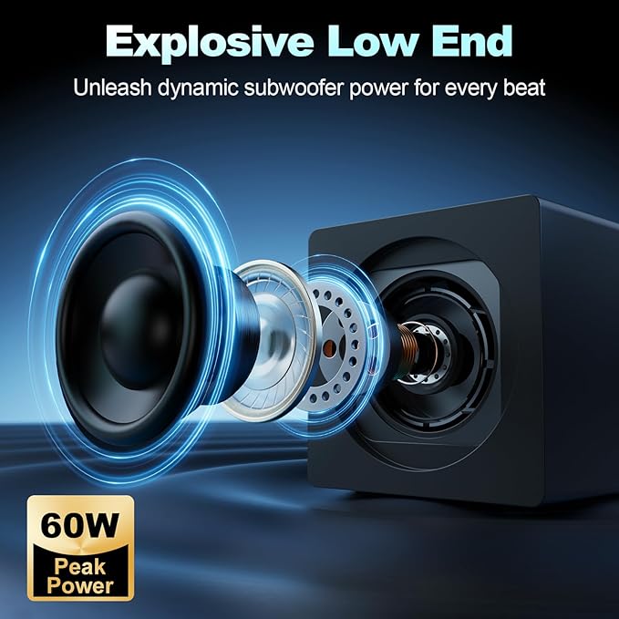Nylavee Computer Speakers with Subwoofer, 2.1 PC Speakers System with 8 Lighting Modes, 60W Peak Power, AC Adapter Powered, Bluetooth 5.4, USB/USB-C and 3.5mm Aux in for Desktop, Monitor, Gaming