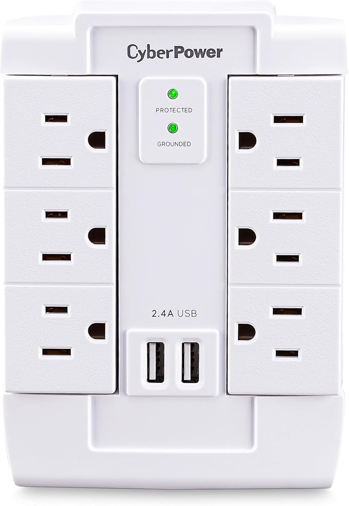 CyberPower CSP600WSURC2 Surge Protector, 1200J/125V, 6 Swivel Outlets, 2 USB Charging Ports, Wall Tap Design, White