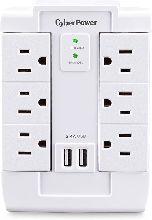 CyberPower CSP600WSURC2 Surge Protector, 1200J/125V, 6 Swivel Outlets, 2 USB Charging Ports, Wall Tap Design, White