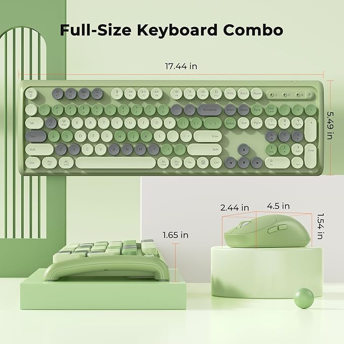 Colorful Wireless Computer Keyboards Mouse Combos,Full-Size Retro Typewiter Keyboard, 4 Level DPI Adjustable Wireless Mouse, 2.4GHz Connection with Optical Mouse, Green