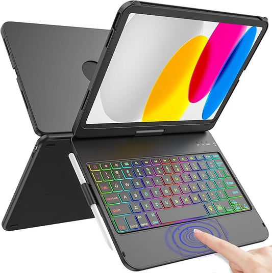 Touch Keyboard Case for iPad A16 11th Generation 2025/10th Generation 10.9 inch 2022,360° Rotatable for iPad 11th Generation Case with Keyboard- 10 Color Backlight Keyboard Case with Pencil Holder