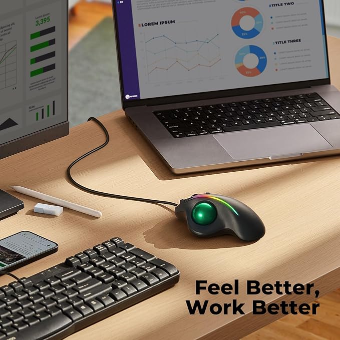 Wired Trackball Mouse with RGB Lighting, Ergonomic Thumb Control to Reduce Muscle Strain, 5 Adjustable DPI, Dual USB-C & USB-A Connectivity, Compatible with PC, Laptop, Mac, Windows-Green
