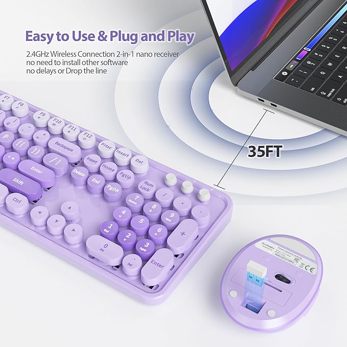Cute Purple Keyboard and Mouse Combo Wireless, 2.4G Full Size 104-Key Retro Typewriter Keyboards Round Keys for Students Teenagers Home Office PC Laptop(Diary Purple)